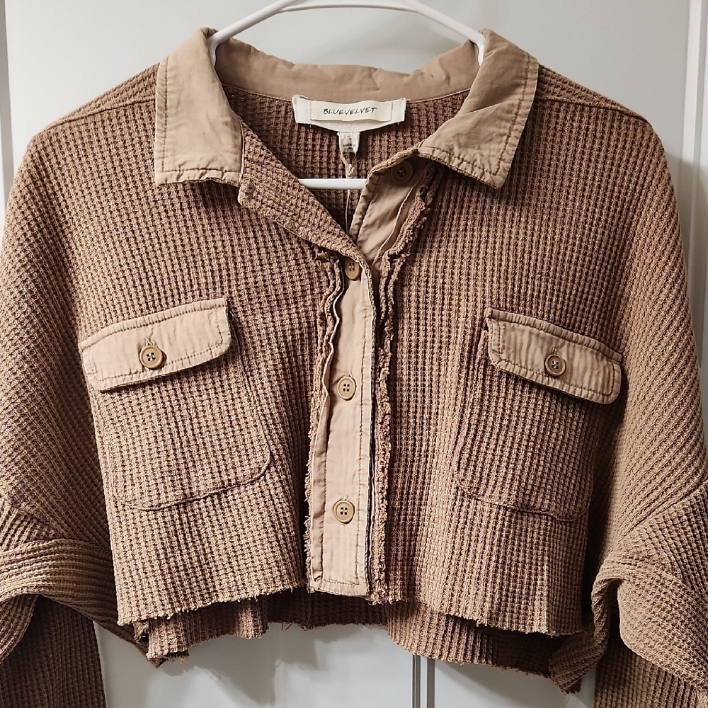 NWT Blue Velvet Tan Cropped Button-Up Top - S - Picture 2 of 6